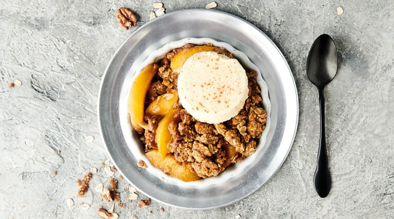 dish of peach crisp above