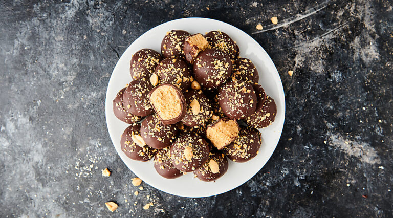 peanut butter balls on plate above
