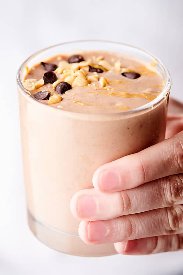 peanut butter banana smoothie held
