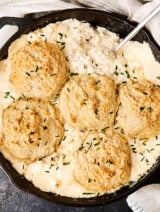 skillet with sausage gravy above