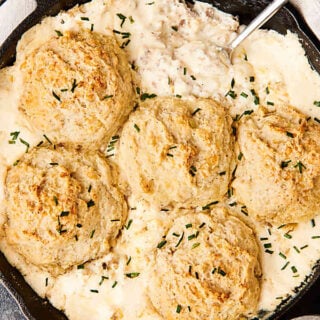 skillet with sausage gravy above