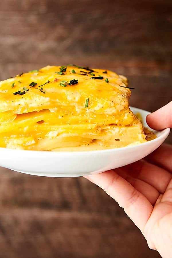 scalloped potatoes on plate held