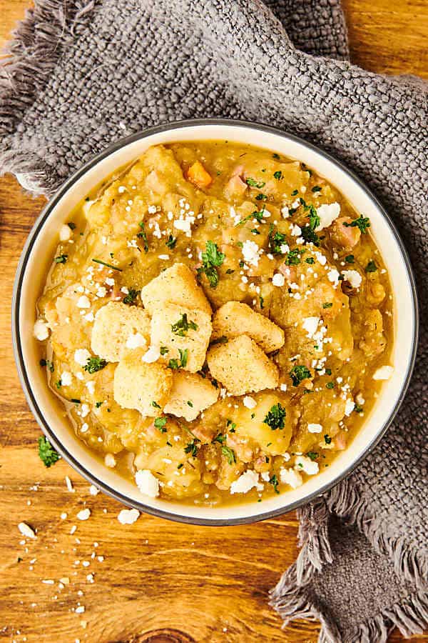 bowl of split pea soup above