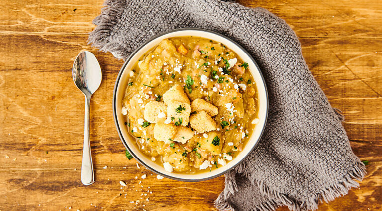 bowl of split pea soup above