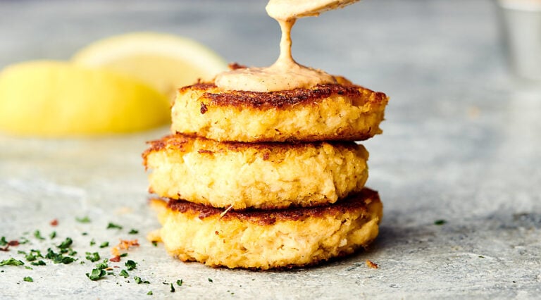 three crab cakes stacked