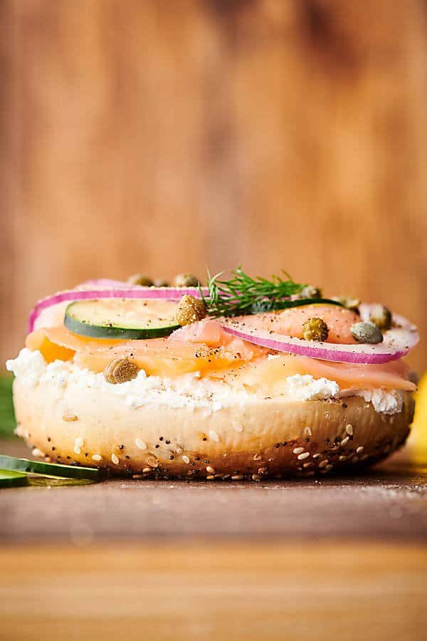lox bagel on counter side view