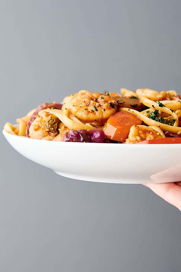 plate of shrimp lo mein held