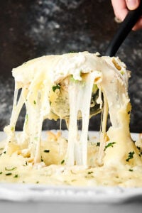 chicken alfredo bake being scooped with ladle