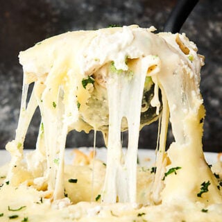 chicken alfredo bake being scooped with ladle
