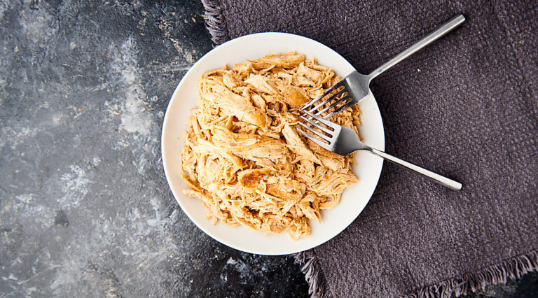 plate of shredded chicken above