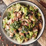 bowl of broccoli salad above