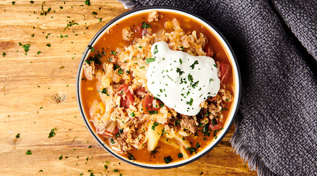Cabbage Roll Soup with Ground Beef, Ground Pork, and Bacon!
