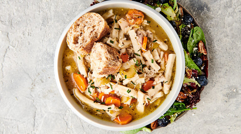 bowl of chicken noodle soup above