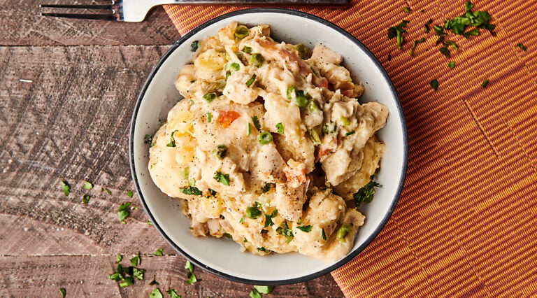 plate of chicken and dumplings above