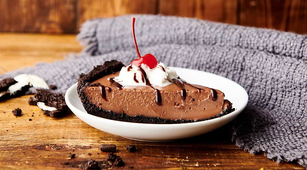 slice of chocolate pudding pie on plate