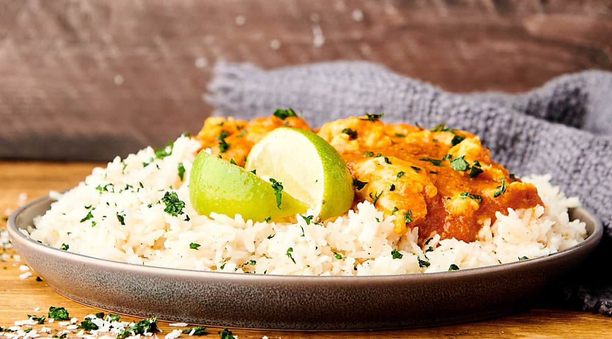 coconut lime rice on plate with chicken