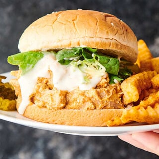 buffalo chicken sandwich on plate with fries held