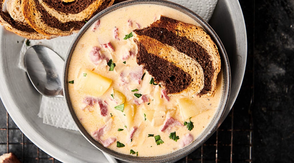 Easy Reuben Soup Recipe with Sauerkraut, Corned Beef, and Rye Toast!