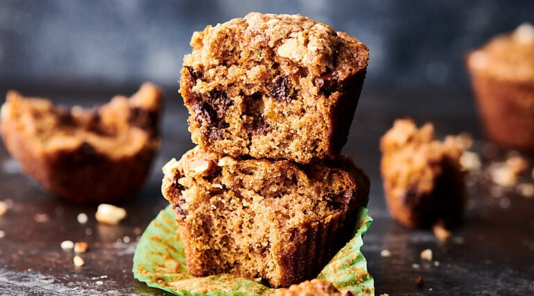 two zucchini muffins stacked