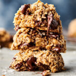 three oatmeal chocolate chip cookies stacked