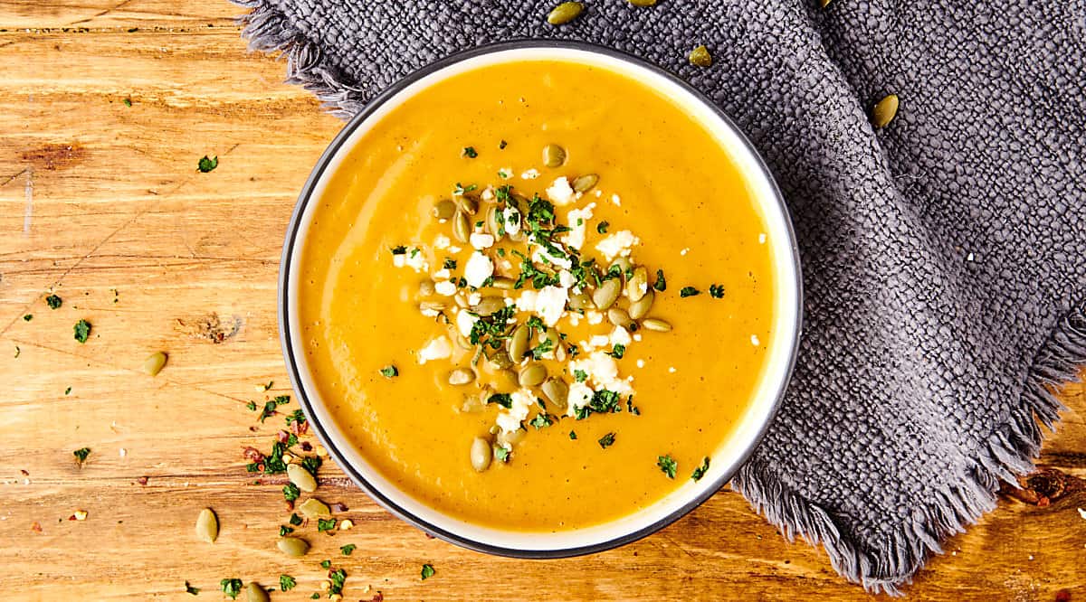 bowl of instant pot butternut squash soup above