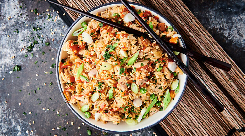 bowl of instant pot chicken fried rice above