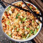bowl of instant pot chicken fried rice above