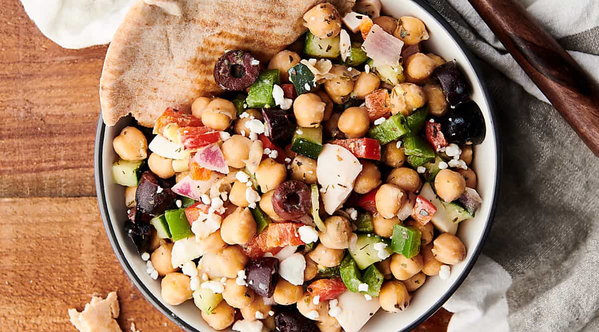 plate with mediterranean chickpea egg salad above