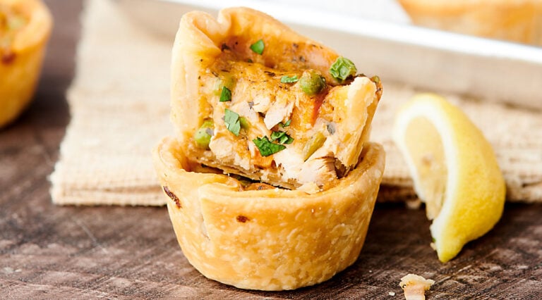 two mini chicken pot pies stacked