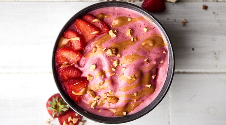 peanut butter and jelly smoothie bowl above