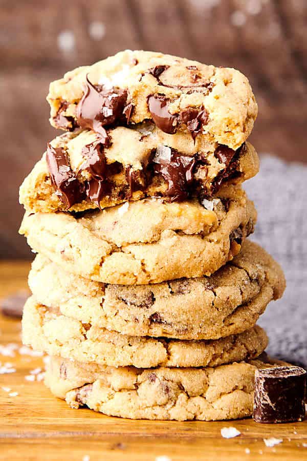 small batch chocolate chip cookies stacked