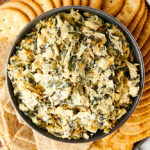 bowl of spinach artichoke dip above