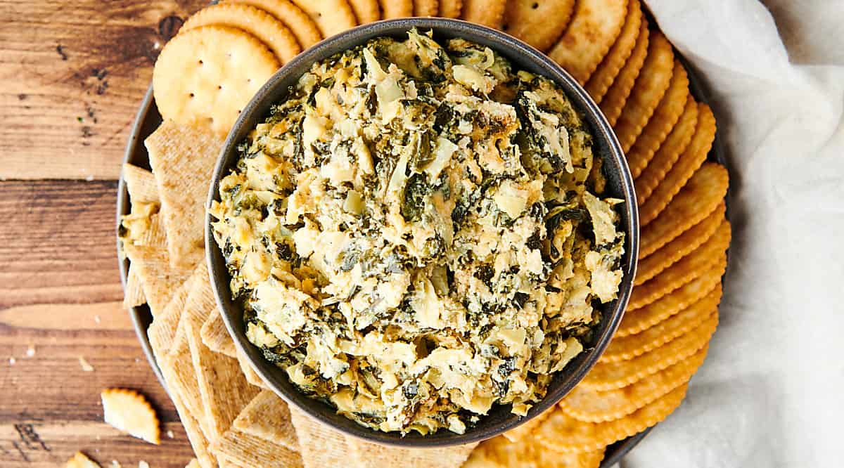 bowl of spinach artichoke dip above