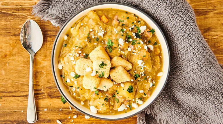 bowl of split pea soup above