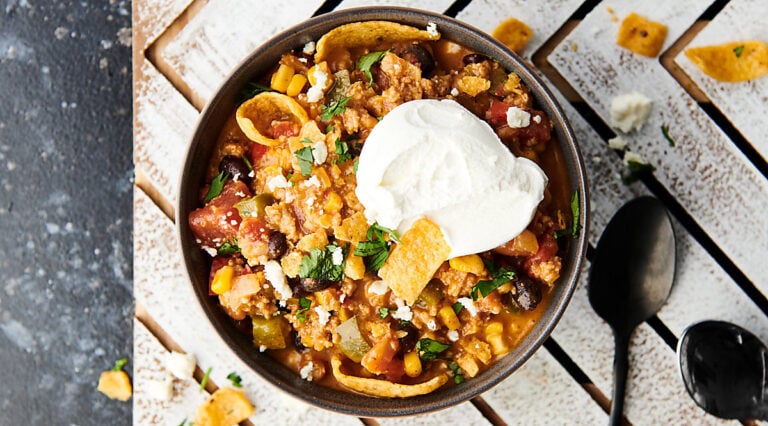 bowl of taco soup above