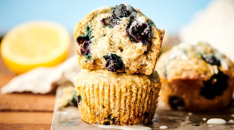 vegan blueberry muffins stacked