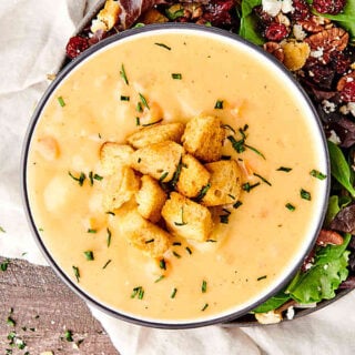 bowl of vegan potato soup above