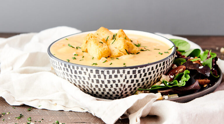 bowl of vegan potato soup side view