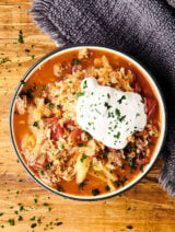 bowl of cabbage roll soup above