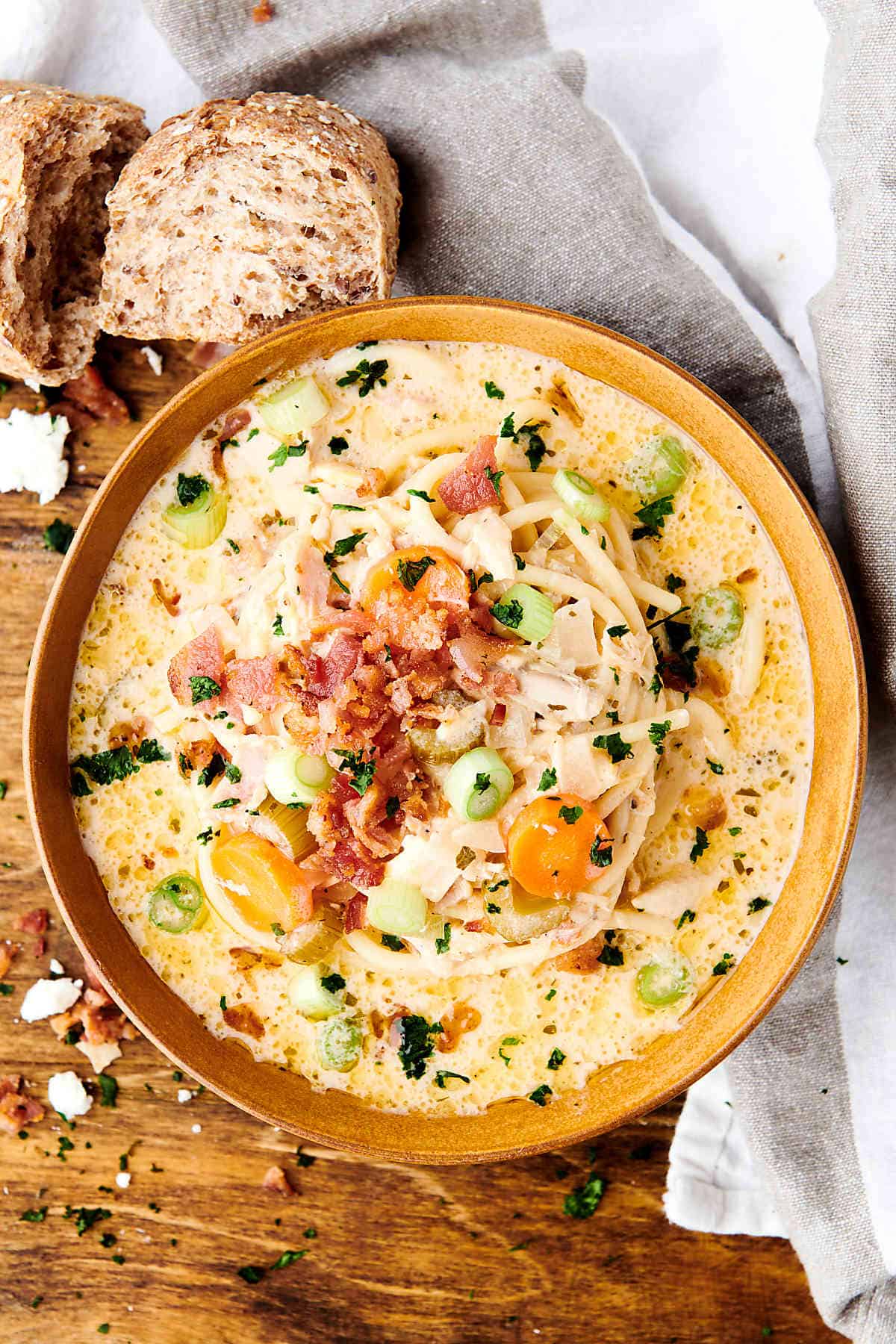 Crack Chicken Noodle Soup OnePot Meal with Bacon and Cheese