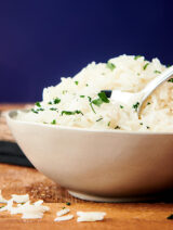 bowl of instant pot basmati rice side view with spoon