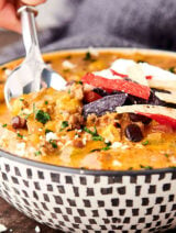 bowl of instant pot taco soup with spoon dipped in side view