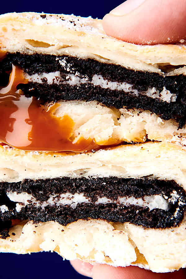 closeup of two air fryer oreos held