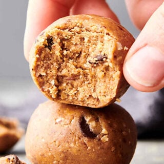 two peanut butter protein balls stacked