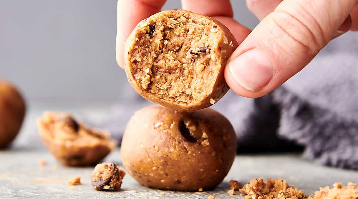 two peanut butter protein balls stacked