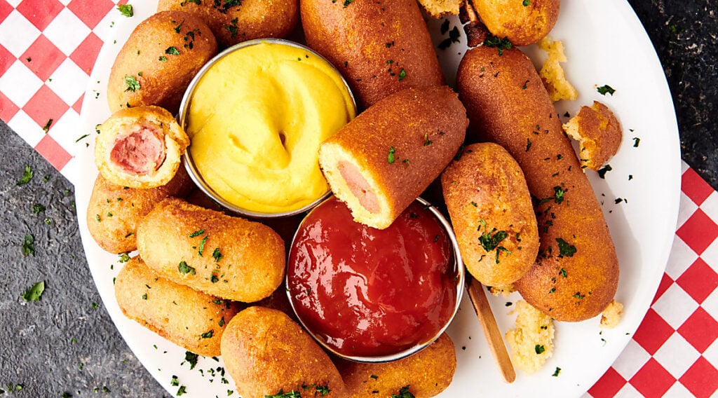 air fryer corn dogs on plate above