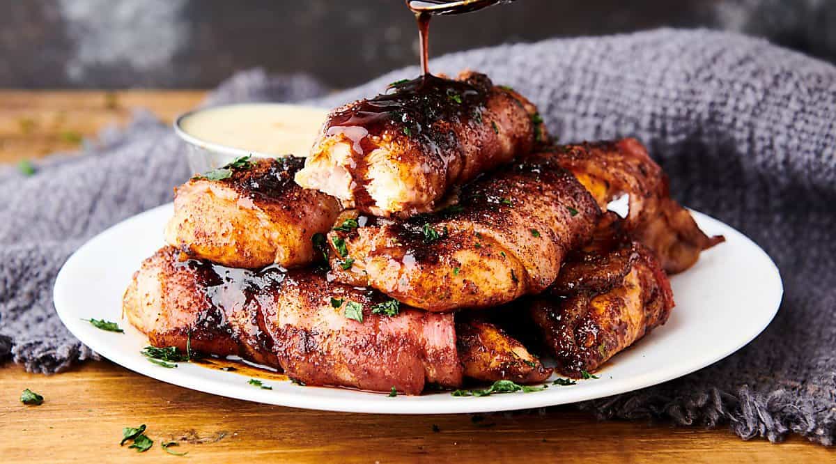 plate of bacon wrapped chicken tenders