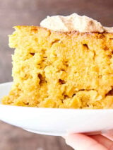 plate with slice of instant pot cornbread held
