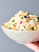 bowl of instant pot potato salad held
