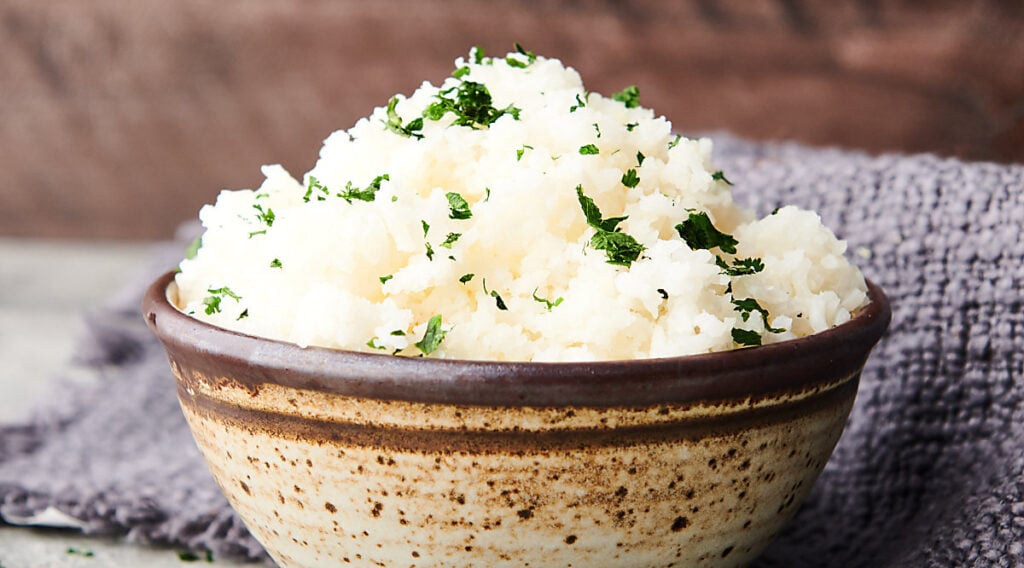 bowl of slow cooker rice side view